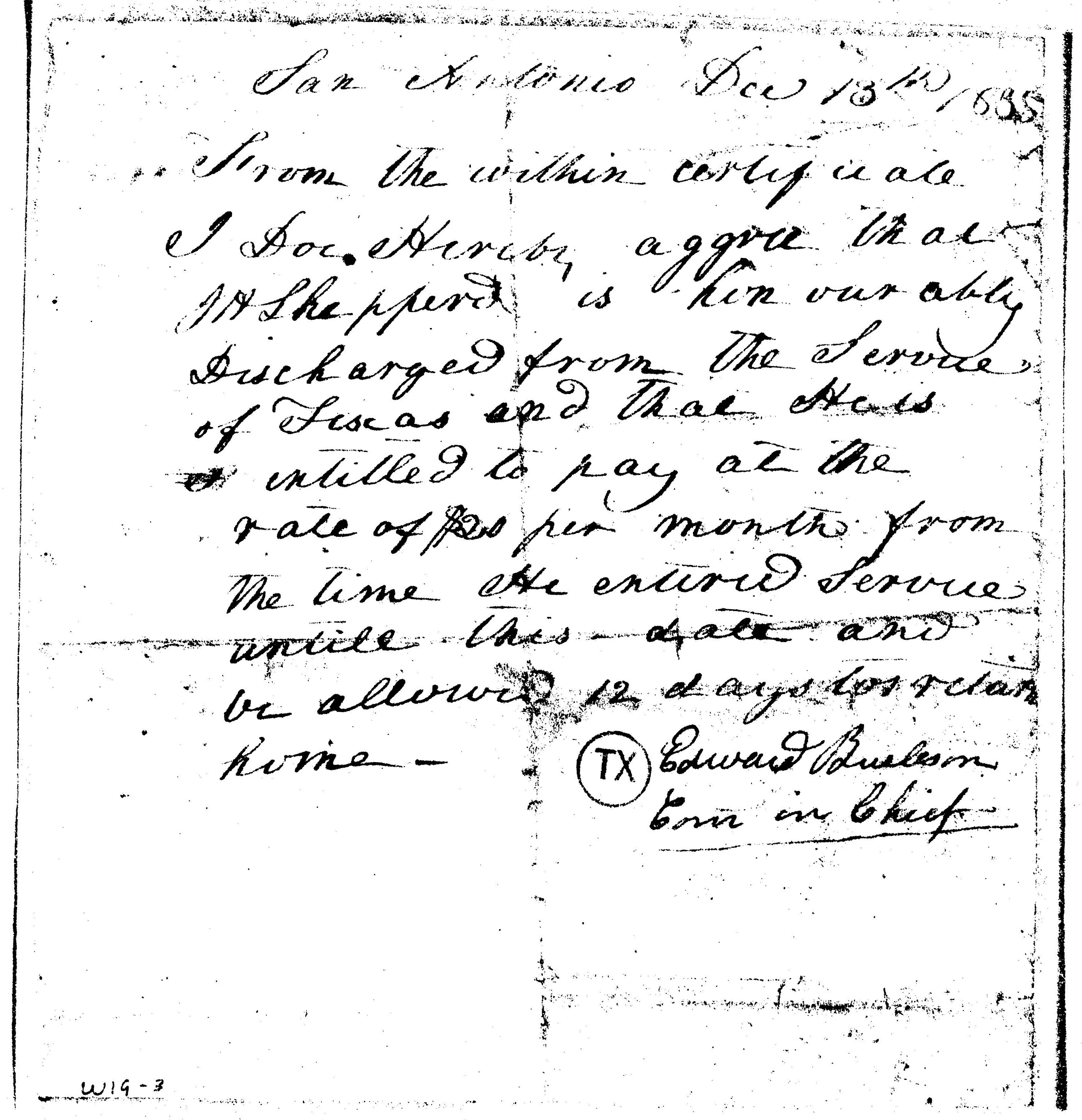 Jacob Shepperd's honorable discharge from the Texas army following the Siege of Bexar signed by General Burleson